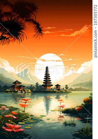 Illustration of a beautiful view of Ulun Danu, Bali, Indonesia 107305772
