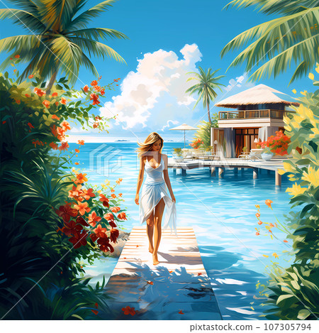 Illustration of a beautiful woman on vacation on a tropical island Illustration of a beautiful woman on vacation on a tropical island 107305794