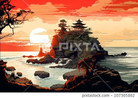 Illustration of a beautiful view of Tanah Lot, Bali, Indonesia 107305802