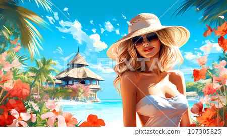 Illustration of a beautiful woman on vacation on a tropical island 107305825