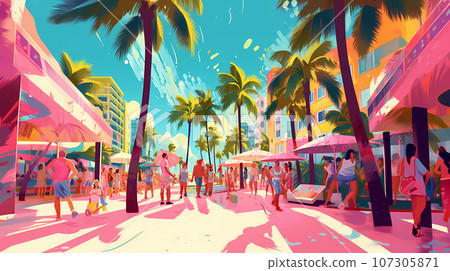 Illustration of a sunny day in an American resort town 107305871