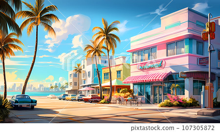 Illustration of a sunny day in an American resort town 107305872