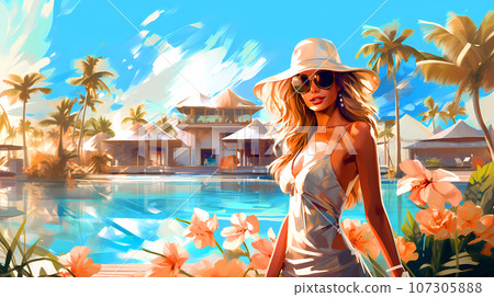 Illustration of a beautiful woman on vacation on a tropical island Illustration of a beautiful woman on vacation on a tropical island 107305888