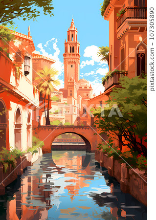 Illustration of beautiful view of the city of Sevilla, Spain 107305890