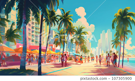 Illustration of a sunny day in an American resort town 107305900