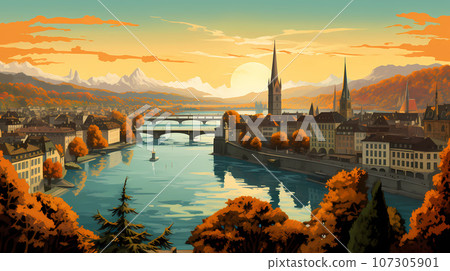 Illustration of beautiful view of the city of Zurich, Switzerland 107305901
