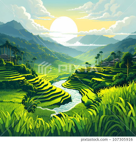 Illustration of the beautiful view of traditional rice terraces Illustration of the beautiful view of traditional rice terraces 107305916