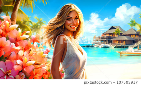 Illustration of a beautiful woman on vacation on a tropical island Illustration of a beautiful woman on vacation on a tropical island 107305917
