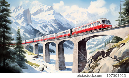 Illustration of Glacier express in the Alps, Switzerland 107305923