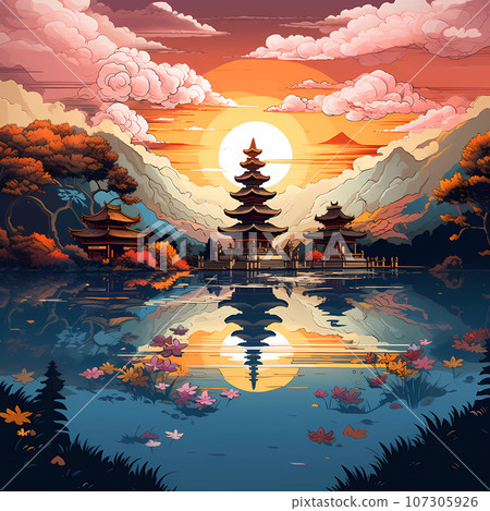 Illustration of a beautiful view of Ulun Danu, Bali, Indonesia 107305926
