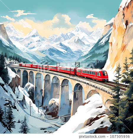 Illustration of Glacier express in the Alps, Switzerland 107305936