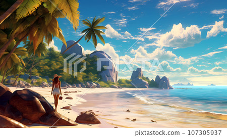 Illustration of a beautiful tropical island with a beach and palm trees Illustration of a beautiful tropical island with a beach and palm trees 107305937