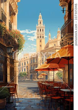 Illustration of beautiful view of the city of Sevilla, Spain 107305946