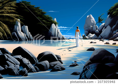 Illustration of a beautiful tropical island with a beach and palm trees 107305948
