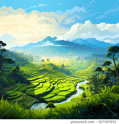 Illustration of the beautiful view of traditional rice terraces Illustration of the beautiful view of traditional rice terraces 107305952