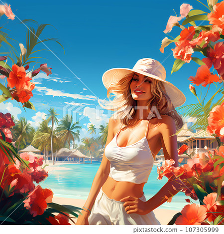 Illustration of a beautiful woman on vacation on a tropical island Illustration of a beautiful woman on vacation on a tropical island 107305999