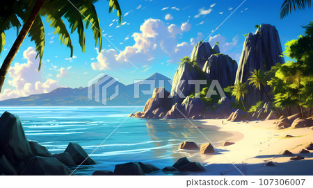 Illustration of a beautiful tropical island with a beach and palm trees Illustration of a beautiful tropical island with a beach and palm trees 107306007