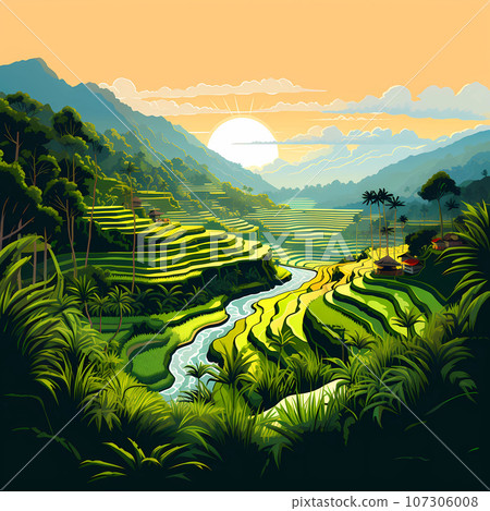 Illustration of the beautiful view of traditional rice terraces Illustration of the beautiful view of traditional rice terraces 107306008