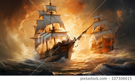 Illustration of a battle with pirates, sailing ships in a storm, explosions and fire 107306015