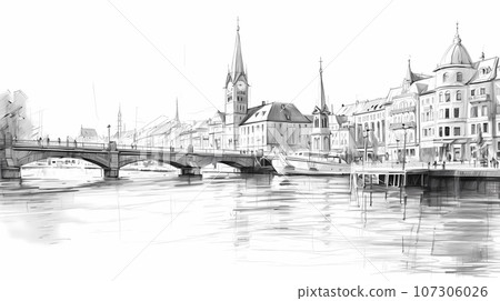 Illustration of beautiful view of the city of Zurich, Switzerland 107306026