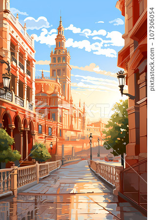 Illustration of beautiful view of the city of Sevilla, Spain 107306054