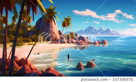 Illustration of a beautiful tropical island with a beach and palm trees 107306078