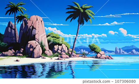 Illustration of a beautiful tropical island with a beach and palm trees 107306080