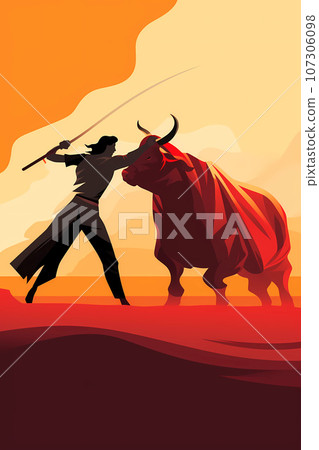 Illustration of a bull and a man fighting 107306098