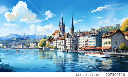 Illustration of beautiful view of the city of Zurich, Switzerland 107306110