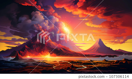 Illustration of a volcanic eruption with the release of lava and smoke Illustration of a volcanic eruption with the release of lava and smoke 107306114