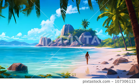 Illustration of a beautiful tropical island with a beach and palm trees Illustration of a beautiful tropical island with a beach and palm trees 107306115