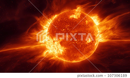 Illustration of the sun with fiery rays of light 107306189