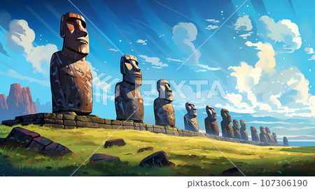 Illustration of the beautiful view of the huge statues on Easter Island, Chile Illustration of the beautiful view of the huge statues on Easter Island, Chile 107306190