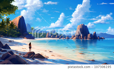 Illustration of a beautiful tropical island with a beach and palm trees 107306195