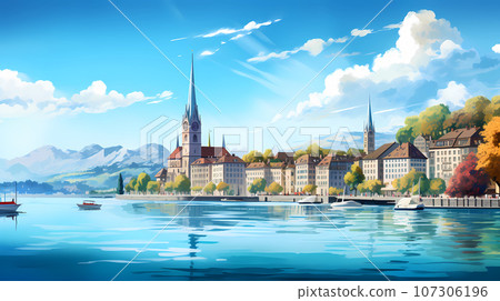 Illustration of beautiful view of the city of Zurich, Switzerland 107306196