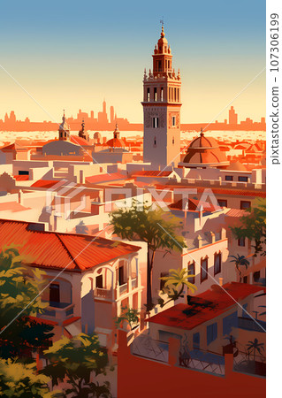 Illustration of beautiful view of the city of Sevilla, Spain 107306199