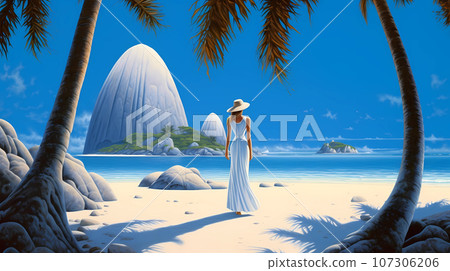 Illustration of a beautiful tropical island with a beach and palm trees 107306206