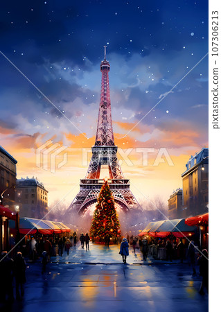 Illustration of the city of Paris at Christmas, France 107306213