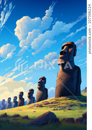 Illustration of the beautiful view of the huge statues on Easter Island, Chile 107306224