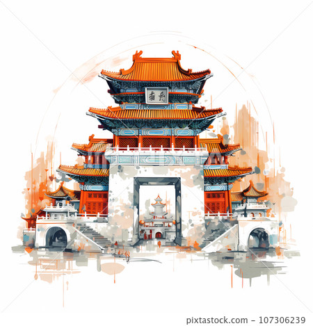 Illustration of a Chinese city with traditional architecture 107306239