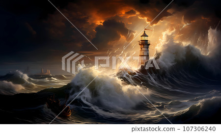 Illustration of a boat sailing towards the lighthouse during a storm 107306240