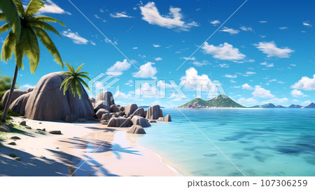 Illustration of a beautiful tropical island with a beach and palm trees 107306259