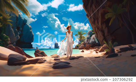 Illustration of a beautiful tropical island with a beach and palm trees Illustration of a beautiful tropical island with a beach and palm trees 107306292