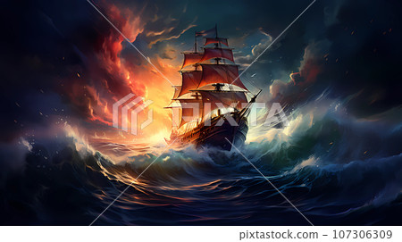 Illustration of a sailing ship in a storm 107306309