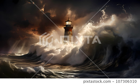 Illustration of a boat sailing towards the lighthouse during a storm 107306310