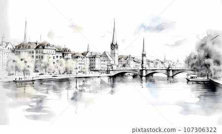 Illustration of beautiful view of the city of Zurich, Switzerland Illustration of beautiful view of the city of Zurich, Switzerland 107306322