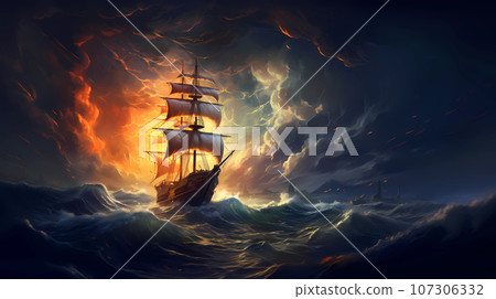 Illustration of a sailing ship in a storm Illustration of a sailing ship in a storm 107306332