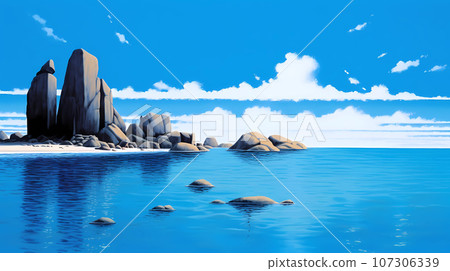 Illustration of a beautiful tropical island with a beach and palm trees 107306339