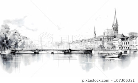 Illustration of beautiful view of the city of Zurich, Switzerland 107306351