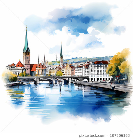 Illustration of beautiful view of the city of Zurich, Switzerland Illustration of beautiful view of the city of Zurich, Switzerland 107306363